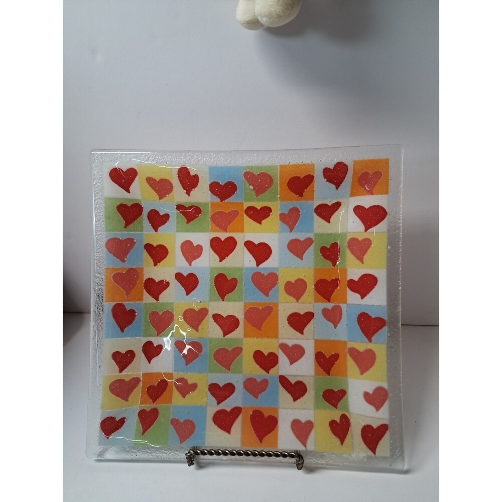 Peggy Karr Fused Glass Plate 10" Multi Hearts Square